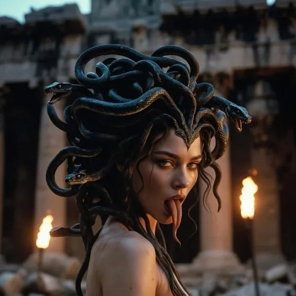 Créature mythologique Méduse avec chevelure de serpents noirs et langue fourchue devant des ruines antiques en flammes.