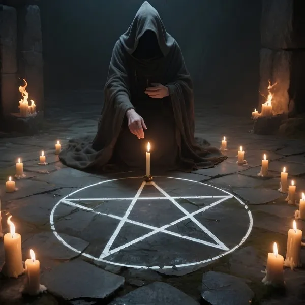Rituel mystique avec une figure encapuchonnée agenouillée devant un pentagramme entouré de bougies allumées dans une ambiance sombre