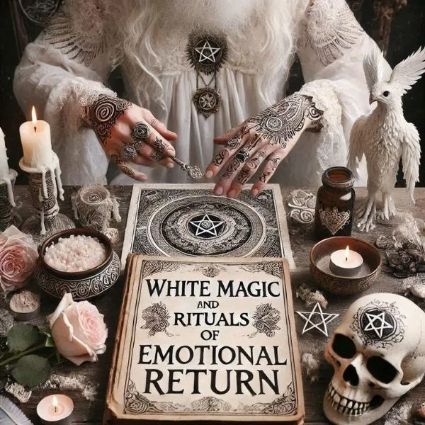 Praticienne de magie blanche effectuant un rituel de retour affectif avec bougies, grimoire et symboles ésotériques