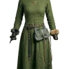 Robe celtique médiévale gothique adulte à manches longues, coupe ample, tissu vert olive rustique et texturé.