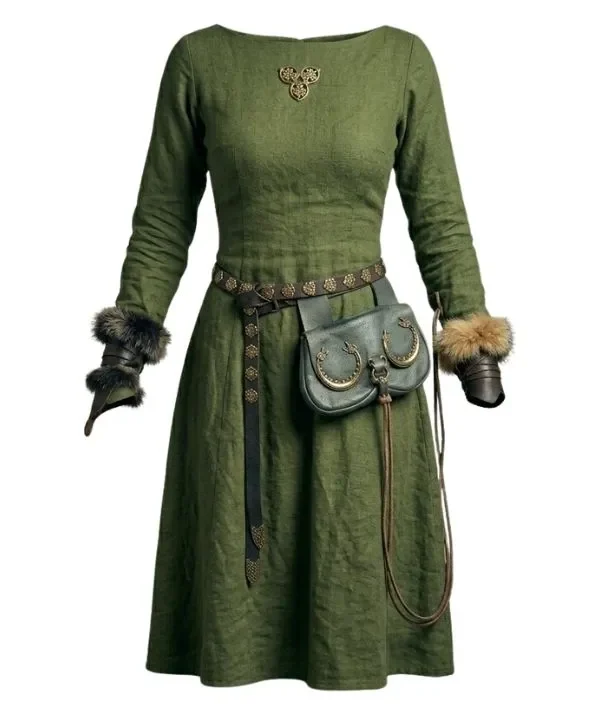Robe celtique médiévale gothique adulte à manches longues, coupe ample, tissu vert olive rustique et texturé.
