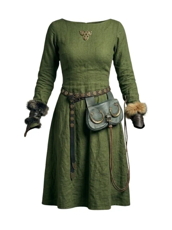 Robe celtique médiévale gothique adulte à manches longues, coupe ample, tissu vert olive rustique et texturé.