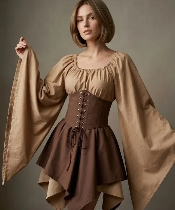 Alternative view of Robe courte médiévale et corset ajustable - Beige crème & Marron chocolat