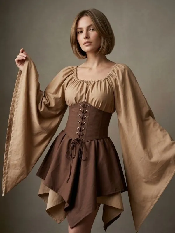 Alternative view of Robe courte médiévale et corset ajustable - Beige crème & Marron chocolat
