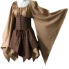 Ensemble robe courte médiévale Princesse Elfique beige et corset marron, manches évasées.