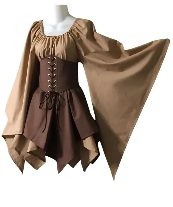 Ensemble robe courte médiévale Princesse Elfique beige et corset marron, manches évasées.