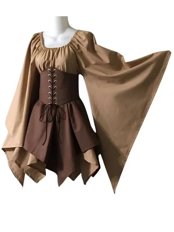 Ensemble robe courte médiévale Princesse Elfique beige et corset marron, manches évasées.