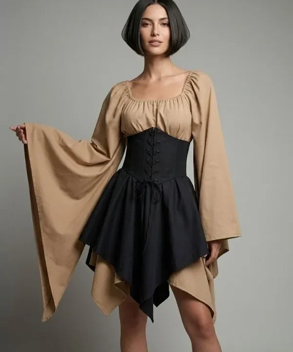 Alternative view of Robe courte médiévale et corset ajustable – Beige sable & Noir sombre
