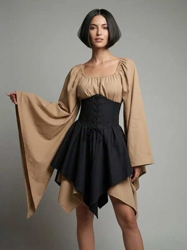 Alternative view of Robe courte médiévale et corset ajustable – Beige sable & Noir sombre