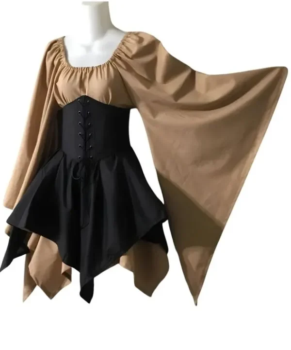 Ensemble robe courte médiévale Princesse Elfique beige, corset noir et manches évasées.