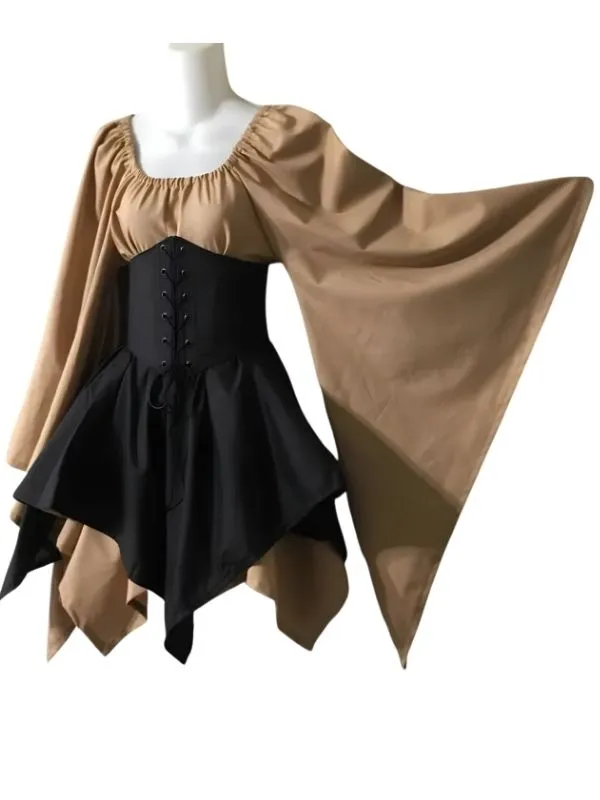Ensemble robe courte médiévale Princesse Elfique beige, corset noir et manches évasées.