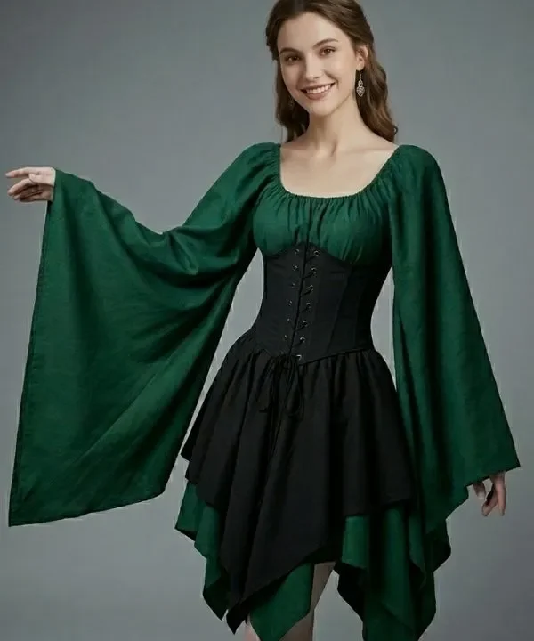 Alternative view of Robe courte médiévale et corset ajustable - Vert forêt & Noir sombre