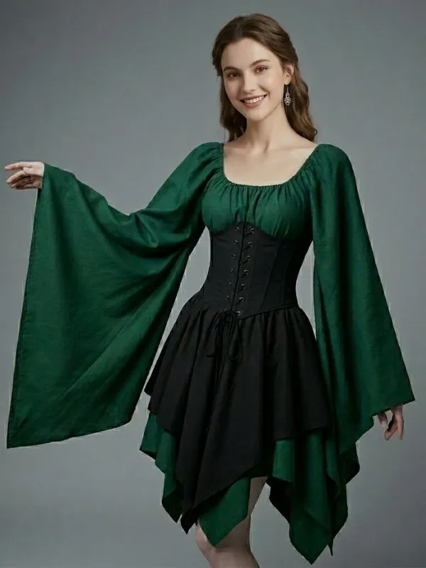 Alternative view of Robe courte médiévale et corset ajustable - Vert forêt & Noir sombre