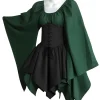Ensemble robe courte médiévale Princesse Elfique vert forêt, corset noir et manches évasées.