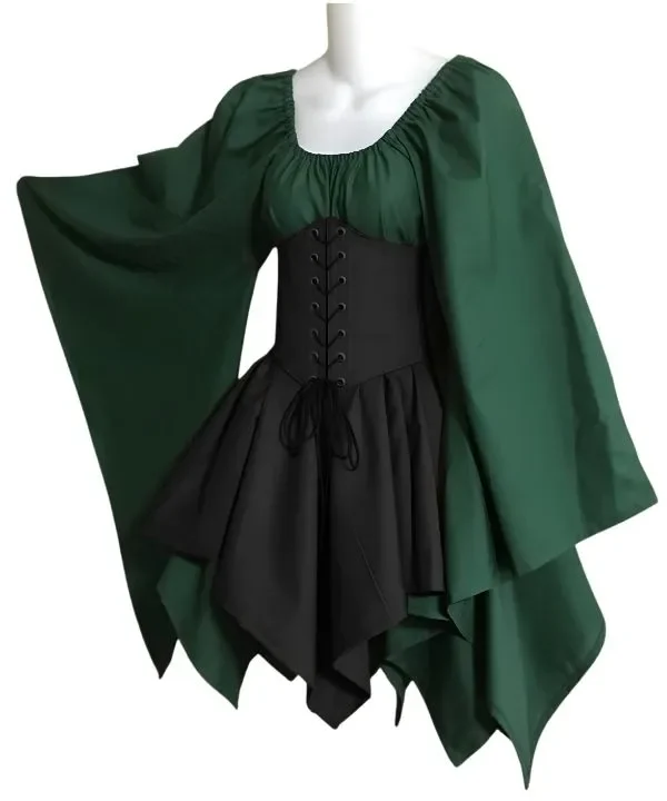 Ensemble robe courte médiévale Princesse Elfique vert forêt, corset noir et manches évasées.