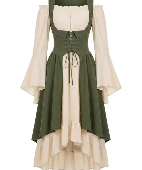 Robe longue médiévale crème et corset kaki à laçage, épaules dénudées.