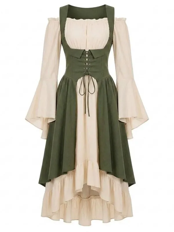 Robe longue médiévale crème et corset kaki à laçage, épaules dénudées.