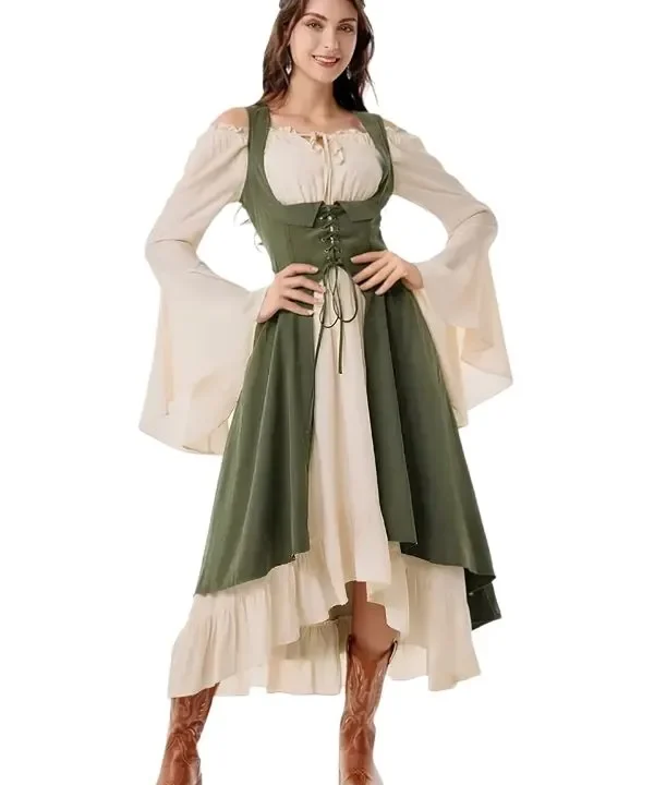 Alternative view of Robe longue médiévale et gilet bustier ajustable - Beige crème & Vert kaki