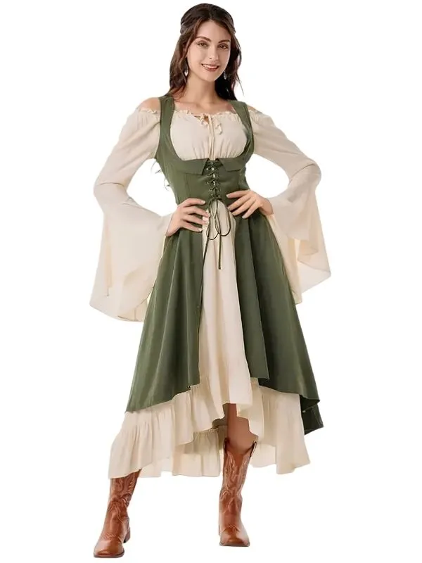 Alternative view of Robe longue médiévale et gilet bustier ajustable - Beige crème & Vert kaki
