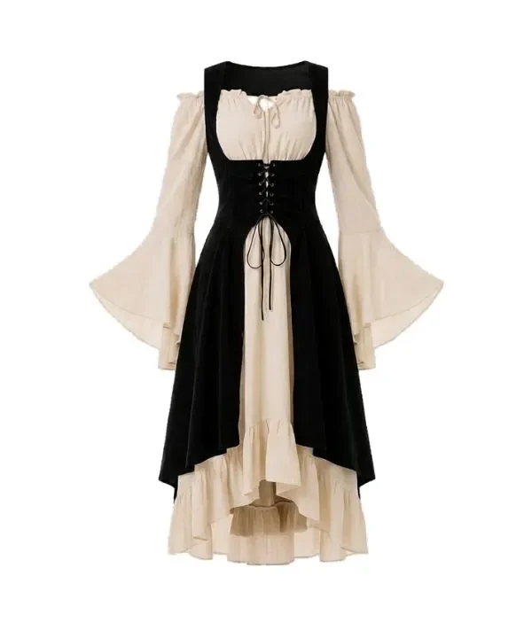 Robe longue médiévale crème et corset noir à laçage, épaules dénudées.