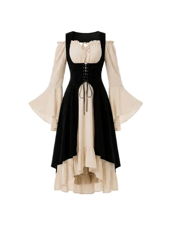 Robe longue médiévale crème et corset noir à laçage, épaules dénudées.