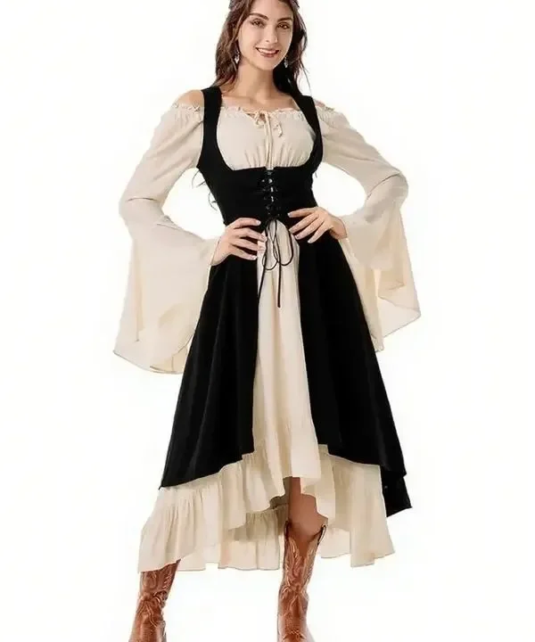 Alternative view of Robe longue médiévale et gilet bustier ajustable - Beige crème & Noir sombre