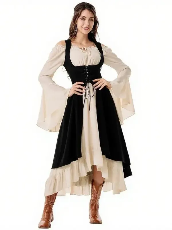 Alternative view of Robe longue médiévale et gilet bustier ajustable - Beige crème & Noir sombre