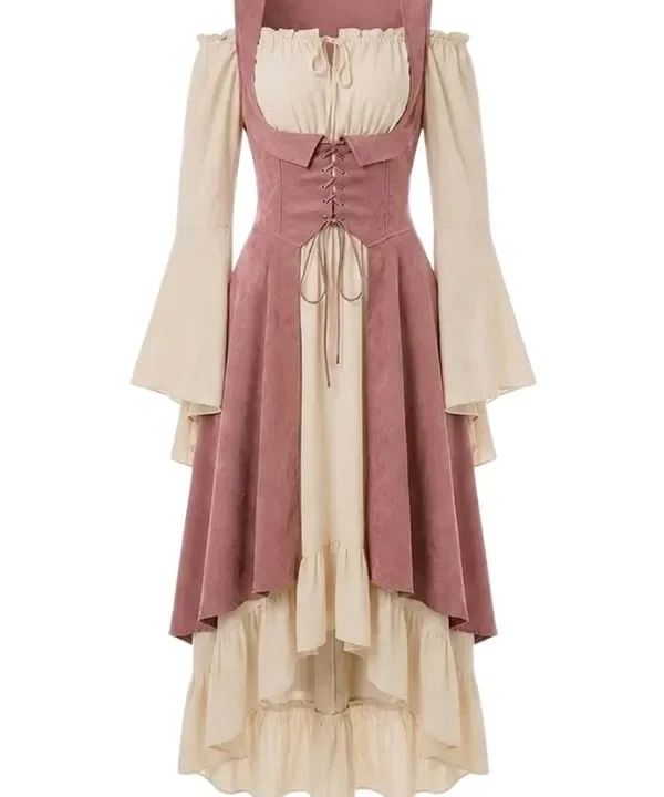 Robe longue médiévale crème et corset rose poudré à laçage, épaules dénudées.