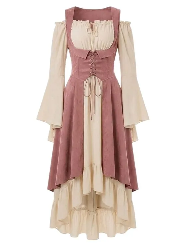 Robe longue médiévale crème et corset rose poudré à laçage, épaules dénudées.