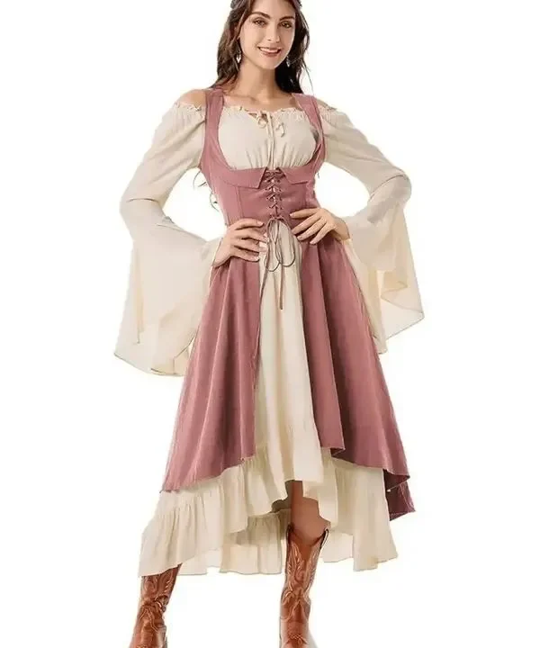 Alternative view of Robe longue médiévale et gilet bustier ajustable – Beige crème & Rose poudré