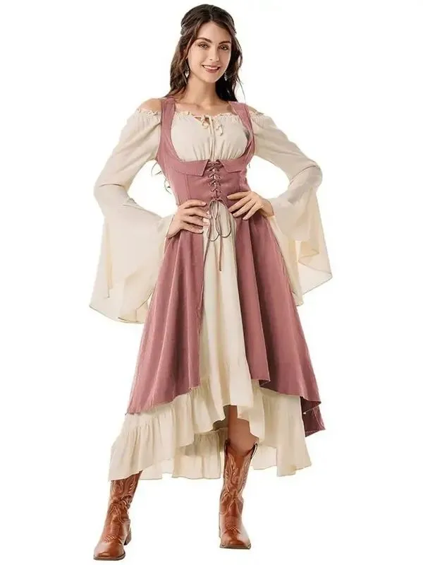 Alternative view of Robe longue médiévale et gilet bustier ajustable – Beige crème & Rose poudré