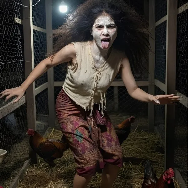 Femme possédée aux cheveux ébouriffés et visage pâle tirant la langue dans un poulailler sombre avec des poules.