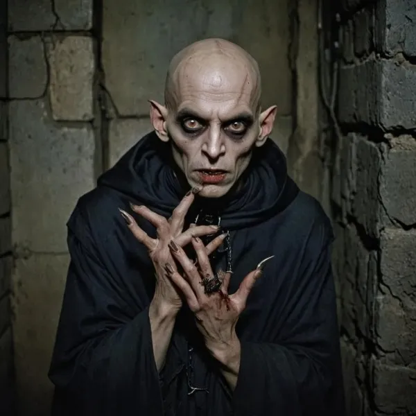 Vampire chauve type Nosferatu avec maquillage d'horreur réaliste, longs ongles et cape noire dans un cachot sombre.