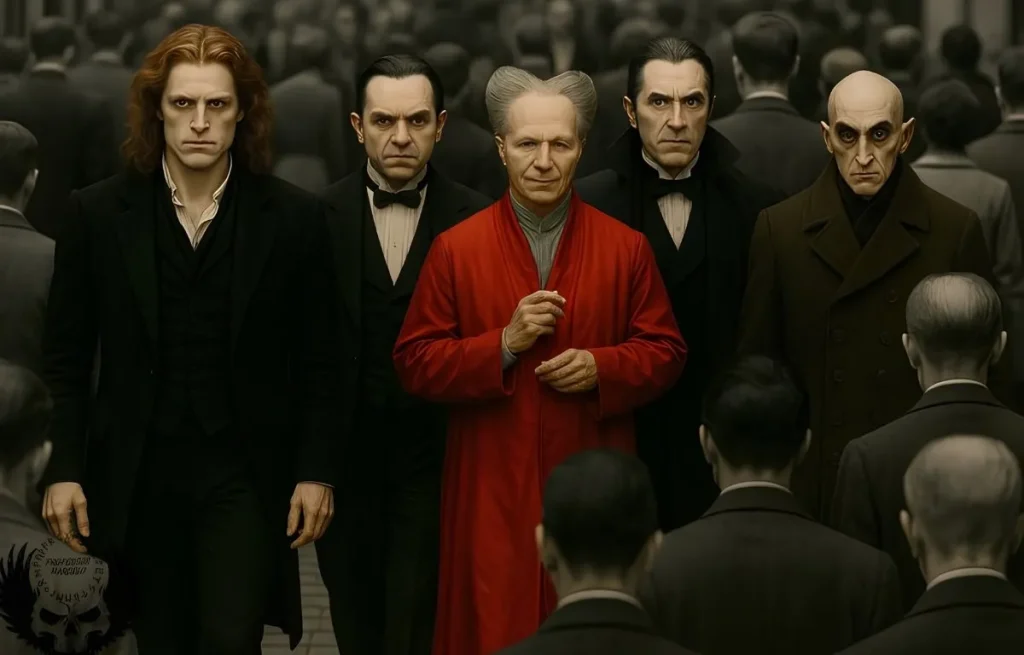 Groupe de vampires célèbres en costumes d'époque dont un homme en robe rouge sang inspiré de Dracula de Coppola.