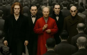Groupe de vampires célèbres en costumes d'époque dont un homme en robe rouge sang inspiré de Dracula de Coppola.