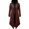 Veste à capuche Assassin homme cosplay médiéval, coupe asymétrique, broderies gothiques rouges et noires détaillées.
