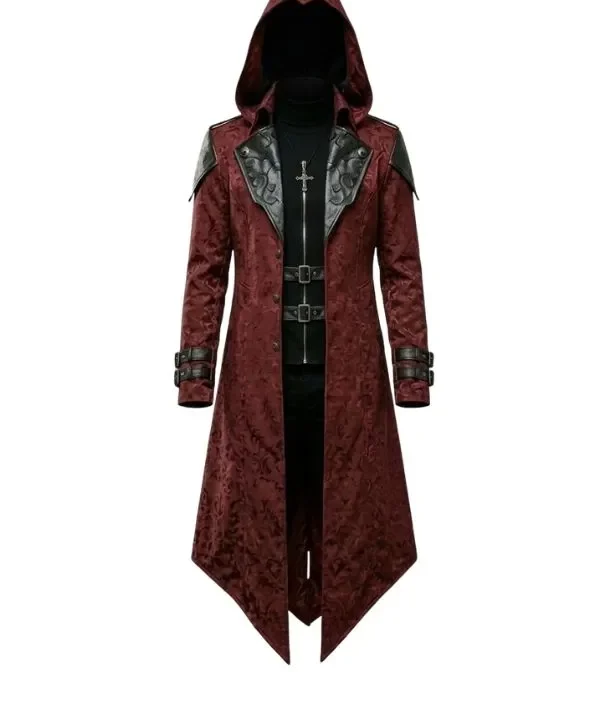 Veste à capuche Assassin homme cosplay médiéval, coupe asymétrique, broderies gothiques rouges et noires détaillées.