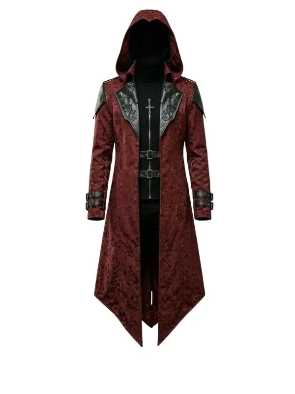 Veste à capuche Assassin homme cosplay médiéval, coupe asymétrique, broderies gothiques rouges et noires détaillées.