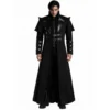Manteau gothique noir long style assassin, col officier, sangles et détails simili-cuir