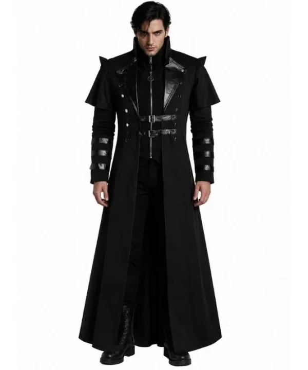 Manteau gothique noir long style assassin, col officier, sangles et détails simili-cuir