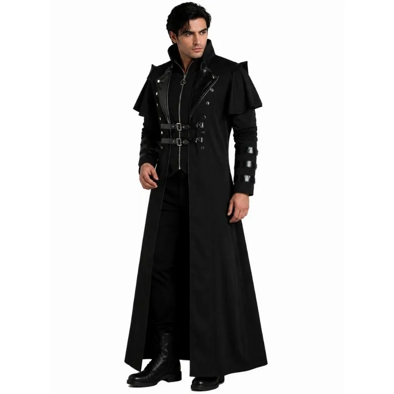 Manteau gothique victorien noir à manches longues avec col haut et finitions premium