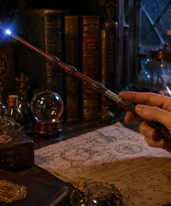 Baguette Dumbledore lumineuse en résine, détails réalistes, parfaite pour cosplay et collection.