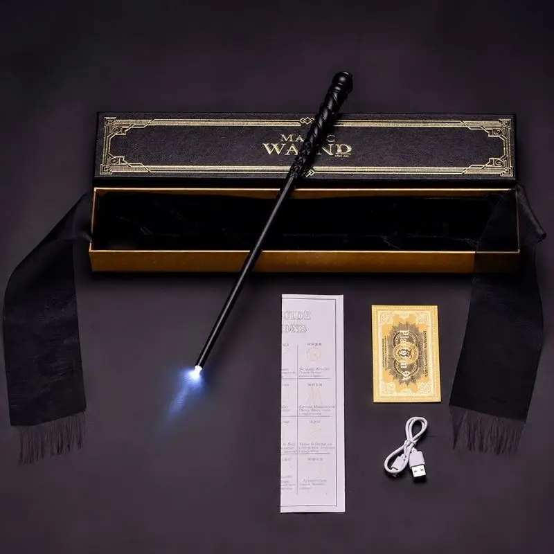Baguette lumineuse mystique noire mate LED, manche sculpté, pour collection et cosplay.