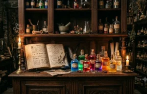 Cabinet d'apothicaire avec vieux grimoire ouvert, plumes d'écriture et fioles de potions alchimiques.