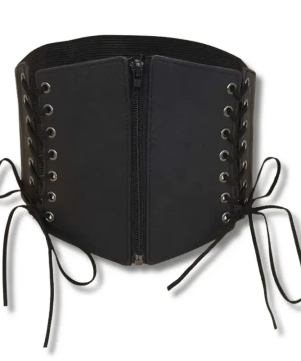 Ceinture corset noire femme élastique, laçage décoratif, en simili-cuir.