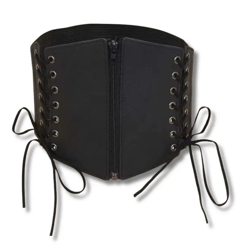 Ceinture corset noire femme élastique, laçage décoratif, en simili-cuir.