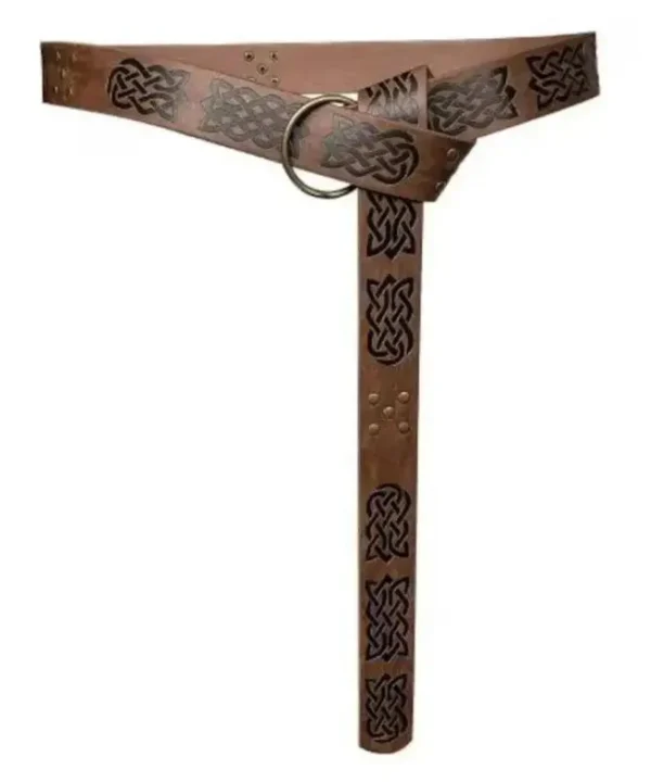 Ceinture médiévale celtique marron en cuir PU, motifs nœuds noirs, anneau bronze.
