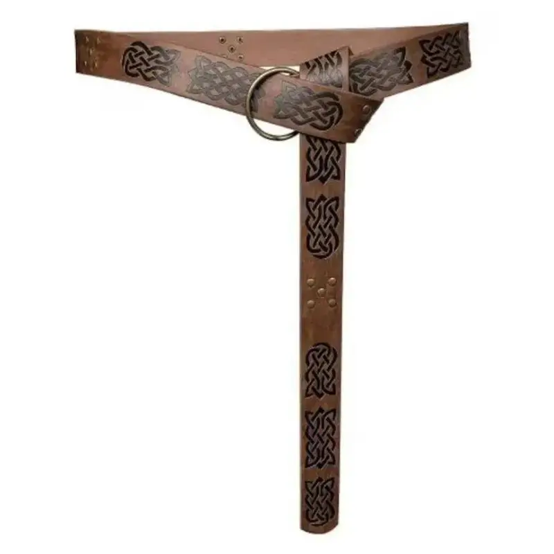 Ceinture médiévale celtique marron en cuir PU, motifs nœuds noirs, anneau bronze.