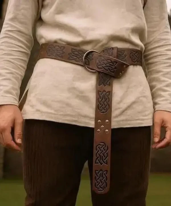 Ceinture médiévale celtique marron en cuir PU avec motifs de nœuds noirs et anneau en métal bronze