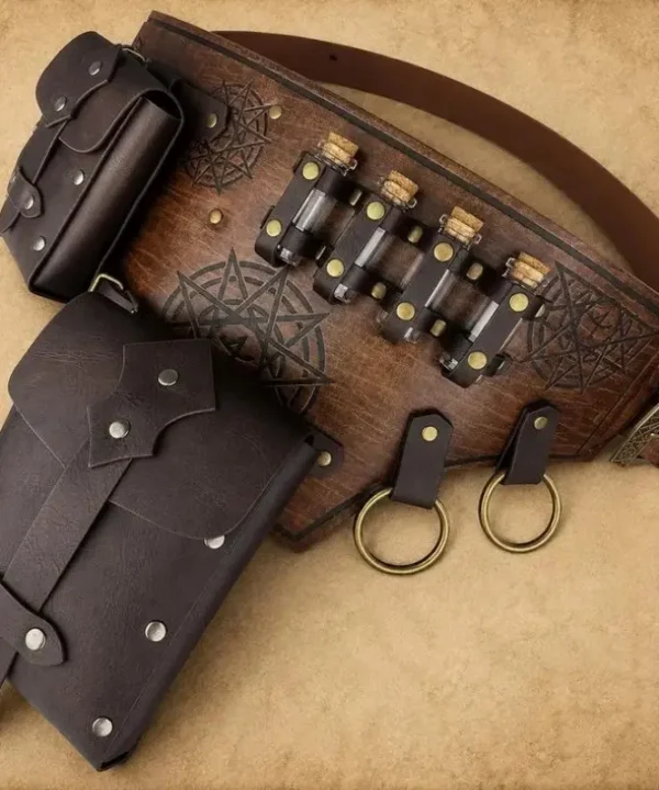 Ceinture d'alchimiste pour GN et cosplay médiéval en similicuir avec fioles, sacoche et finitions gravées.